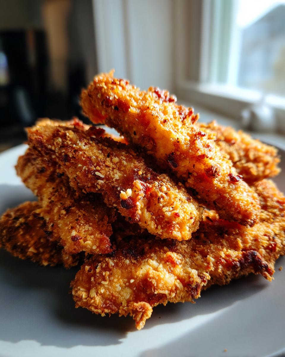 A stack of golden brown Oven-Baked Cheddar Jalapeño Chicken Tenders on a plate.