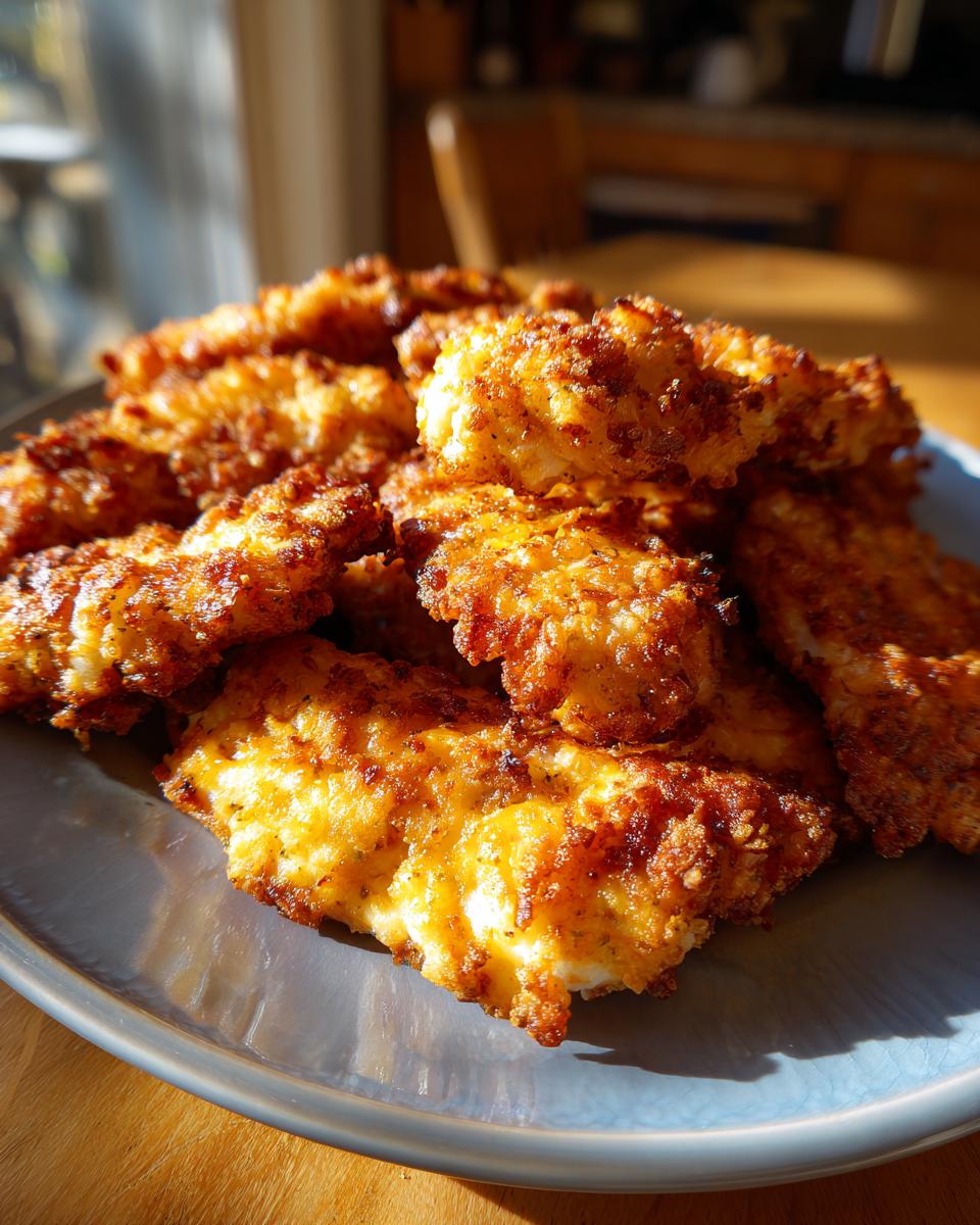 A plate piled high with golden Oven-Baked Cheddar Jalapeño Chicken Tenders.
