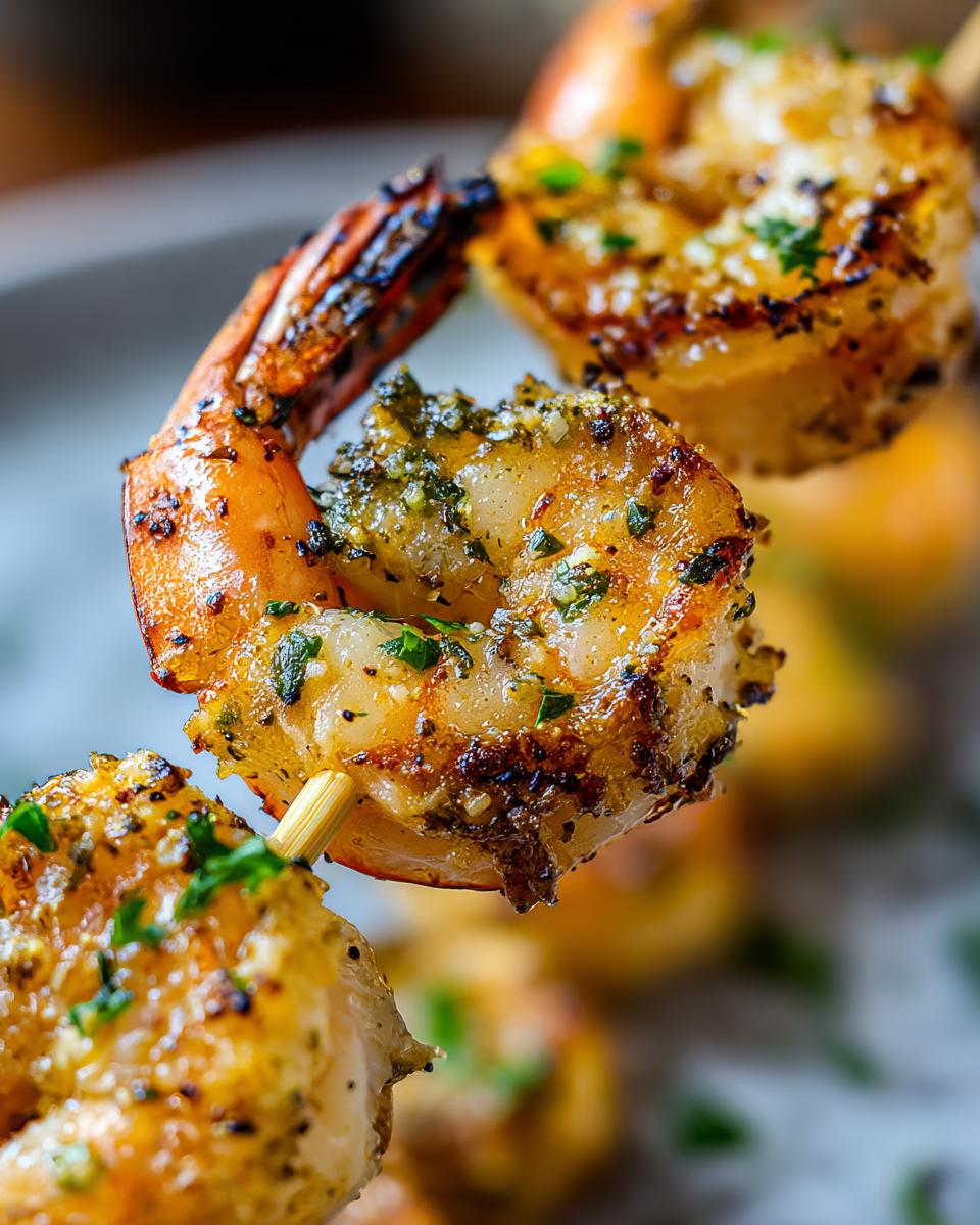Close-up of delicious Parmesan Garlic Shrimp Skewers, grilled to perfection and seasoned with herbs.