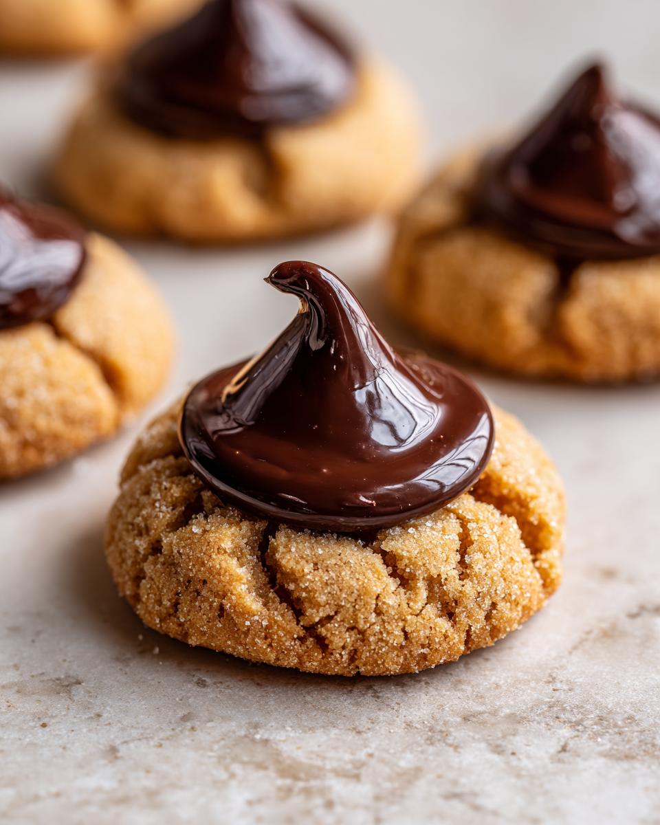 Close-up of a Santa's Favorite Peanut Butter Blossoms cookie with a chocolate kiss on top.