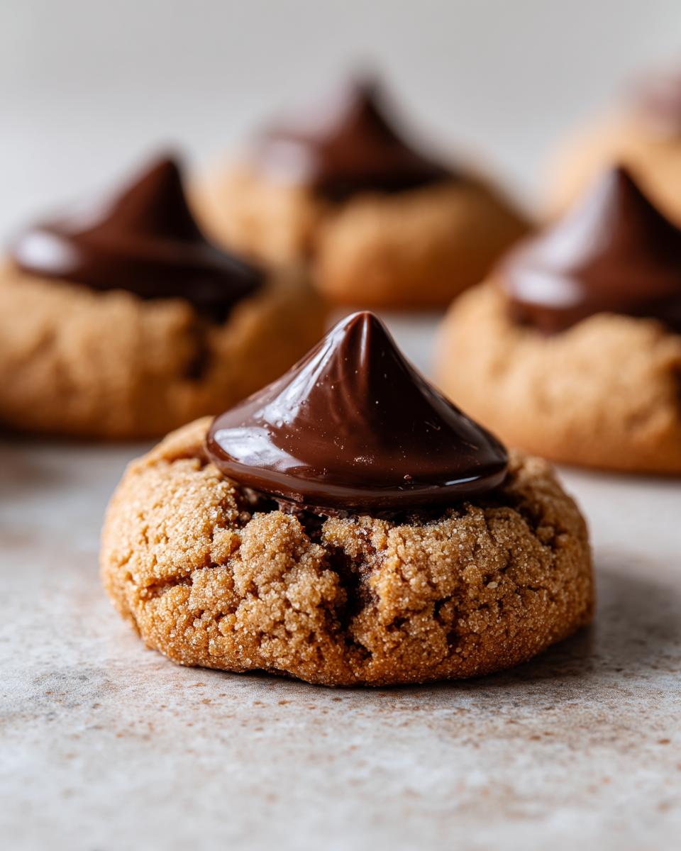 Close-up of a Santa's Favorite Peanut Butter Blossoms cookie with a chocolate kiss on top.