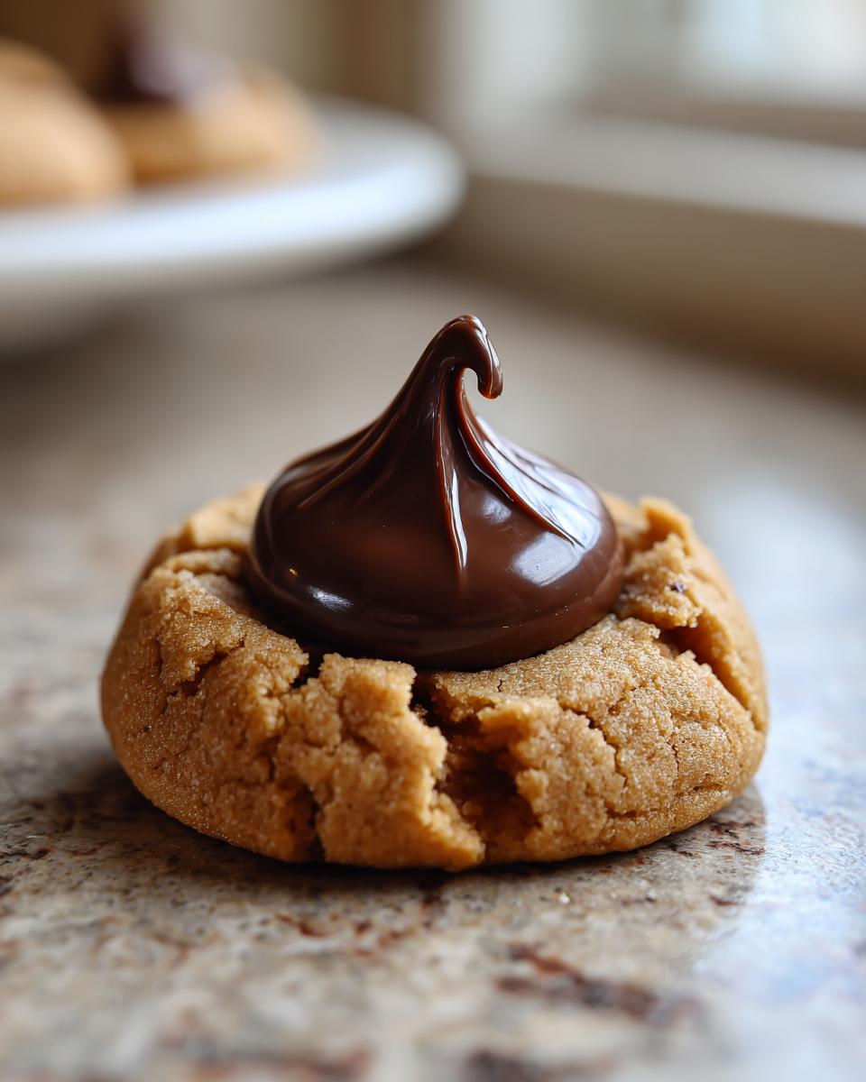 Close-up of a Santa's Favorite Peanut Butter Blossoms cookie with a chocolate kiss on top.