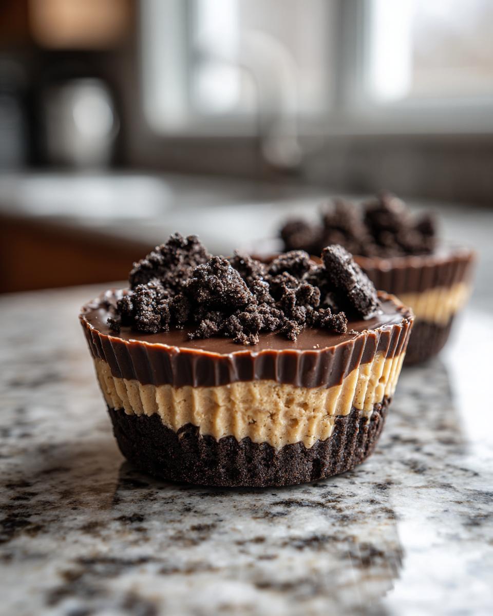 Close-up of a Peanut Butter Oreo Fudge Cup with layers of chocolate, peanut butter, and Oreo crumbles.
