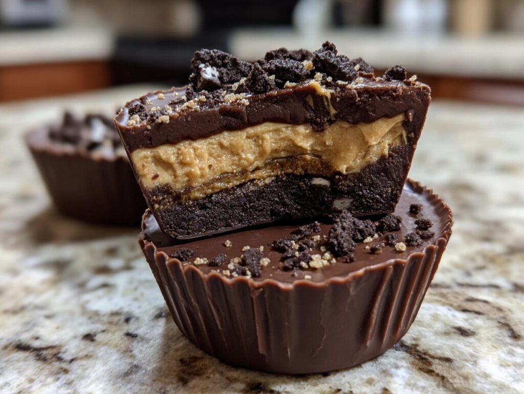 Close-up of a Peanut Butter Oreo Fudge Cup, showing layers of chocolate, peanut butter, and Oreo.