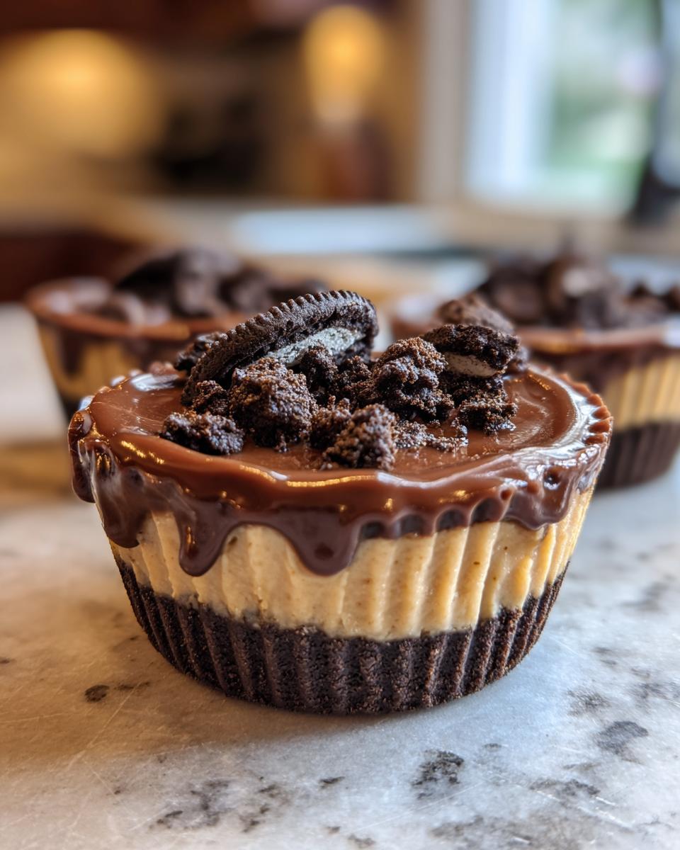 Close-up of a Peanut Butter Oreo Fudge Cup, with chocolate and Oreo topping.