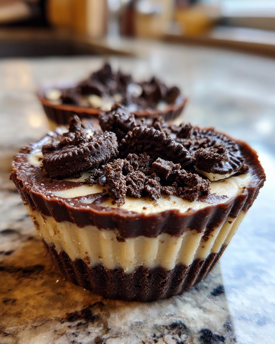 Close-up of delicious Peanut Butter Oreo Fudge Cups, showing layers of fudge and cookie crumbles.