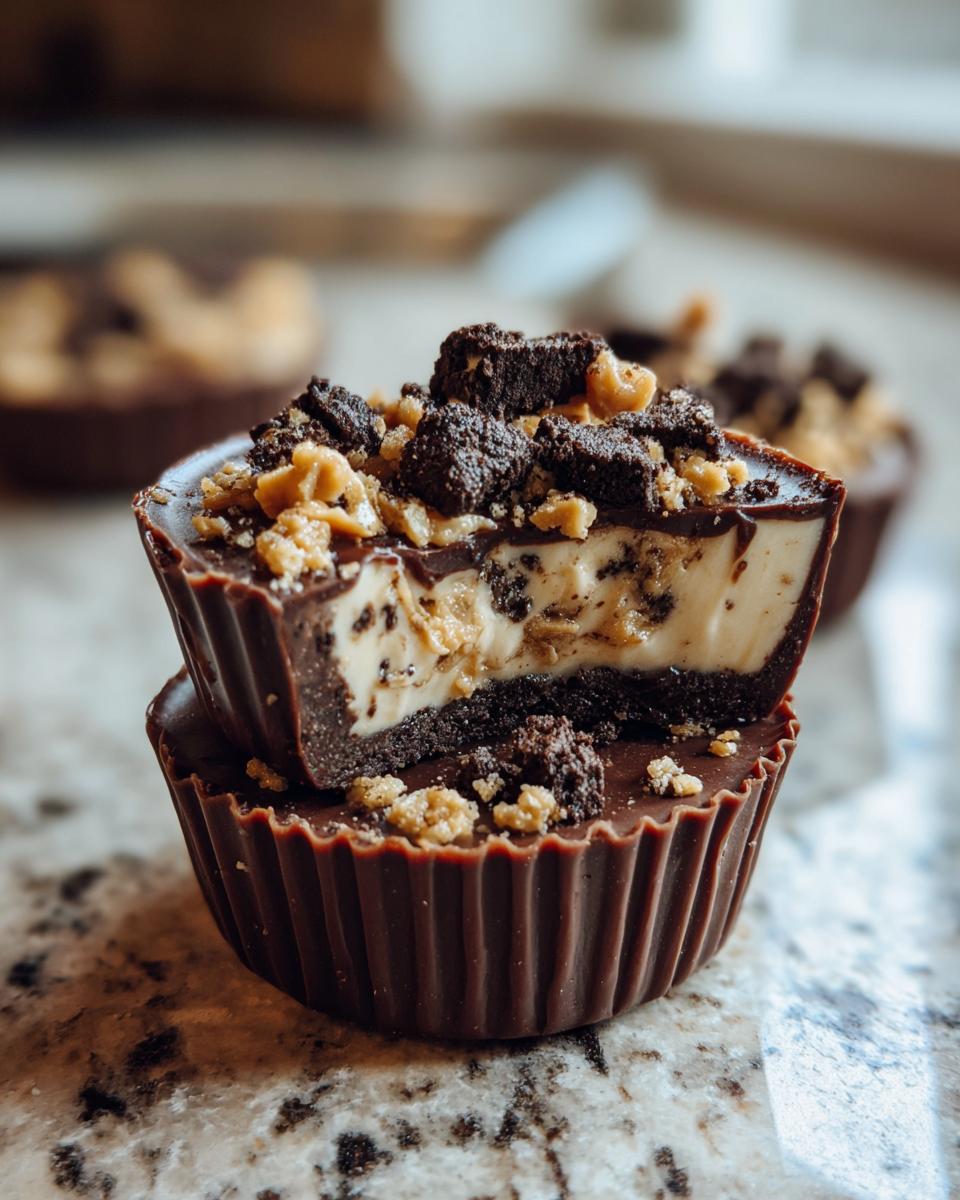 Close-up of stacked Peanut Butter Oreo Fudge Cups, showing layers of chocolate, peanut butter, and Oreo.