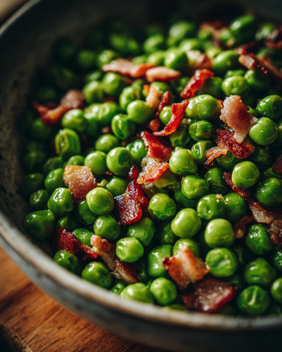 Close-up of a bowl of delicious Peas with Pancetta, a quick and easy side dish.