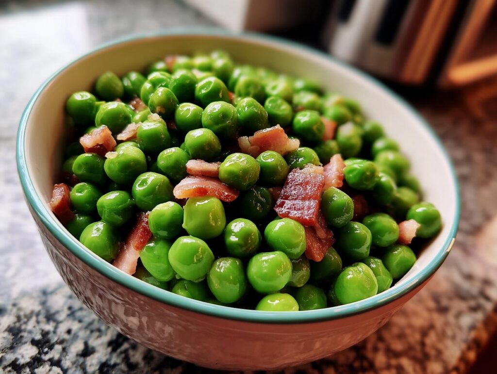 Close-up of a bowl of fresh Peas with Pancetta, a simple and delicious side dish.