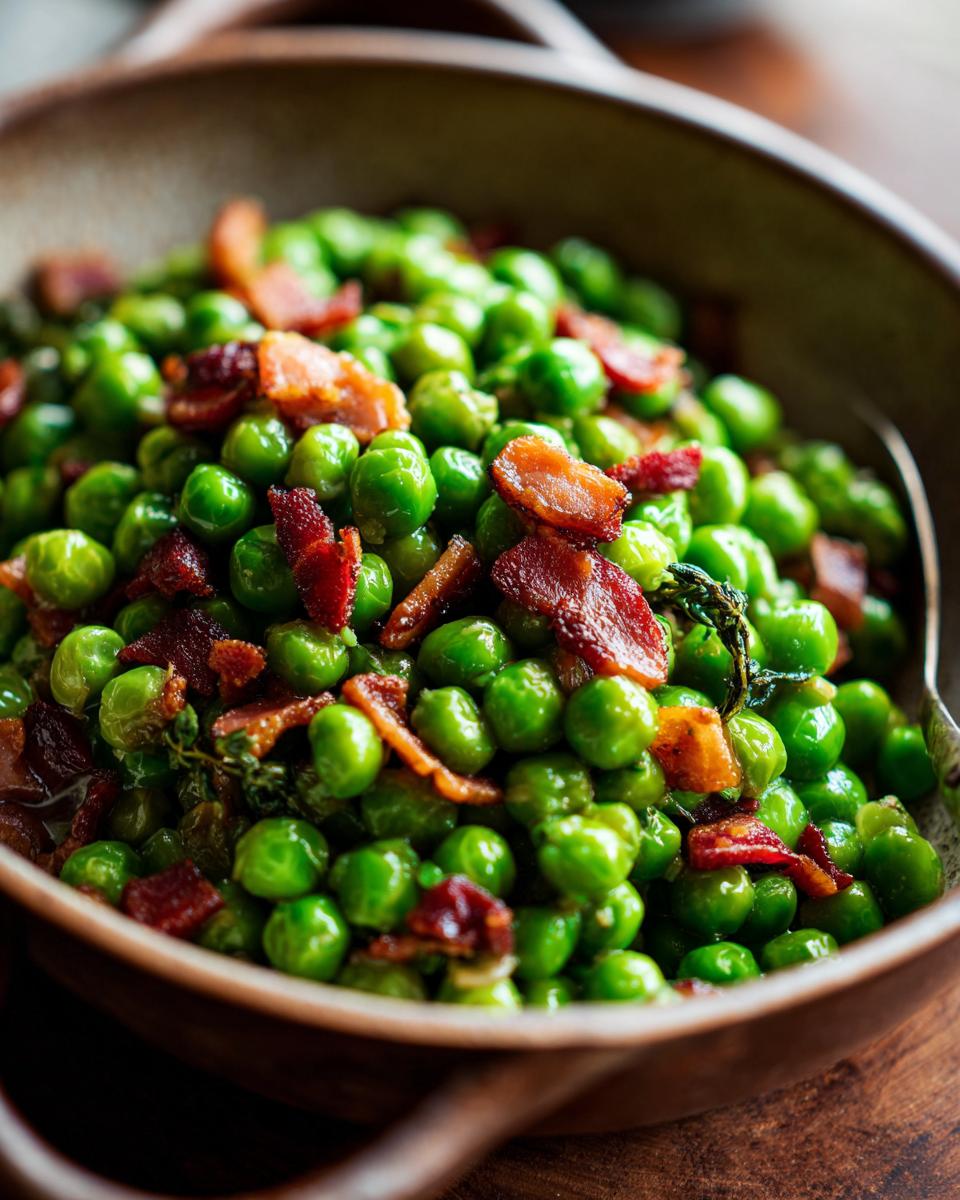 Close-up of a bowl of delicious Peas with Pancetta, garnished with crispy pancetta.