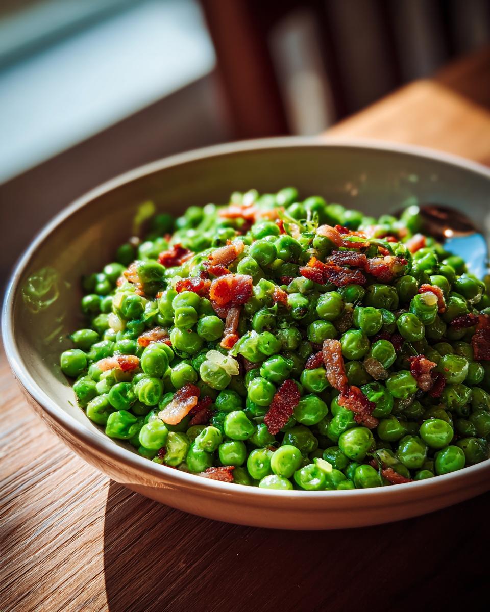 Close-up of a bowl of delicious Peas with Pancetta, a quick and easy side dish.