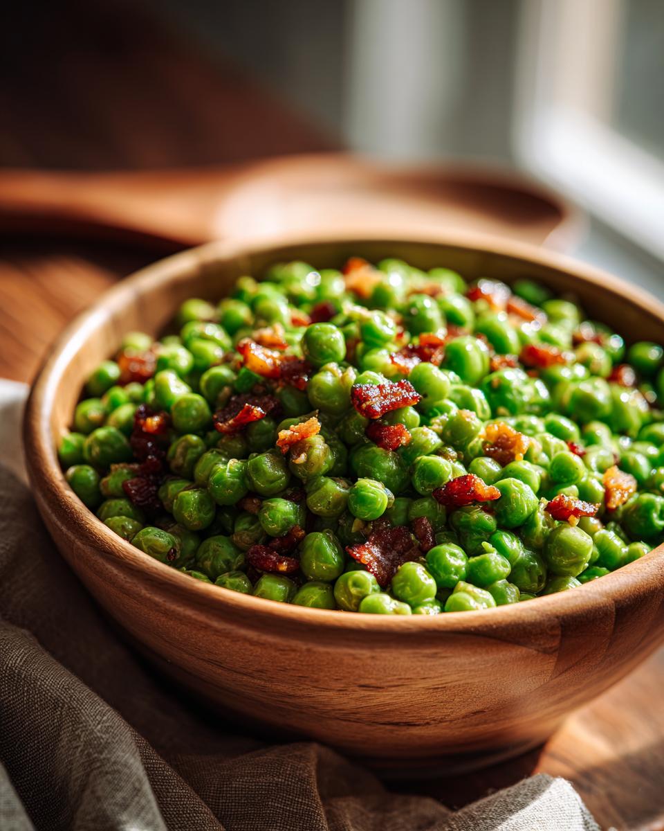 Close-up of a wooden bowl filled with delicious Peas with Pancetta.