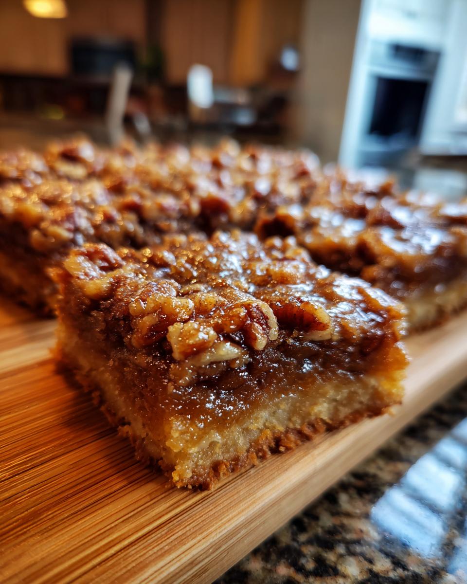 Close-up of a slice of Pecan Pie Bars, showcasing the gooey filling and crunchy pecans, perfect for Thanksgiving.