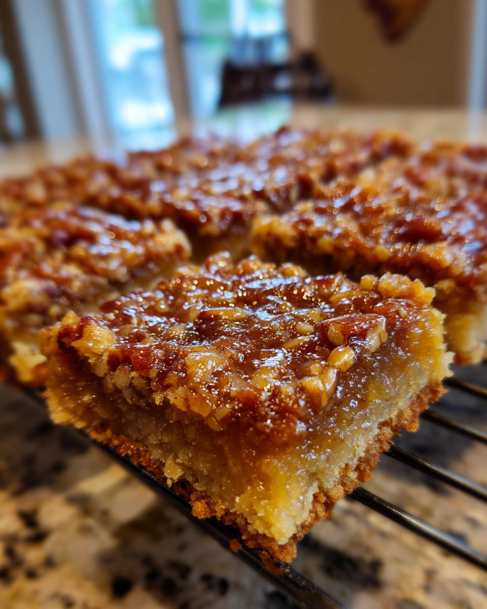 Close-up of a delicious Pecan Pie Bar, showcasing the gooey pecan topping and golden crust.