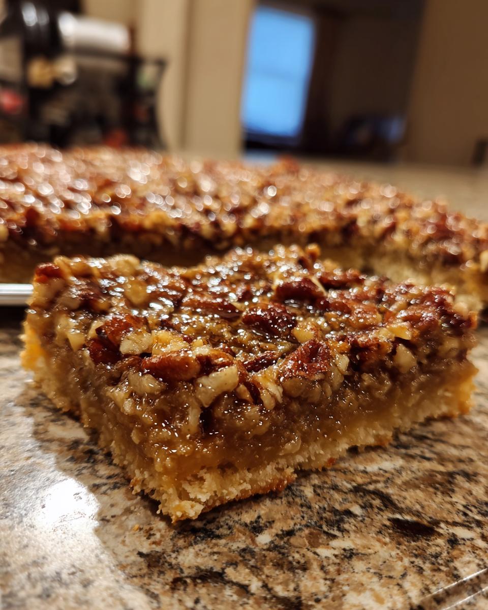 A close-up of a delicious Pecan Pie Bar slice, showcasing the gooey filling and crunchy pecans on a golden crust.