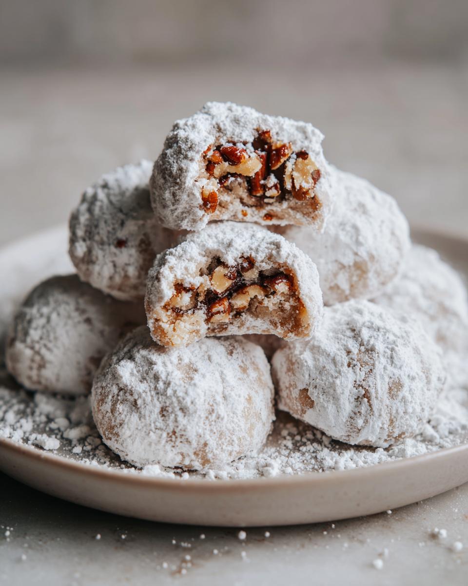 Close-up of Pecan Snowball Meltaway Cookies, showing the texture and ingredients.