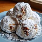 Close-up of a stack of Pecan Snowball Meltaway Cookies dusted with powdered sugar and pecan pieces.