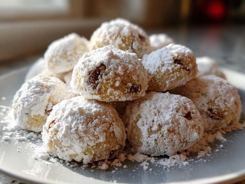 Close-up of a pile of Pecan Snowball Meltaway Cookies dusted with powdered sugar on a plate.