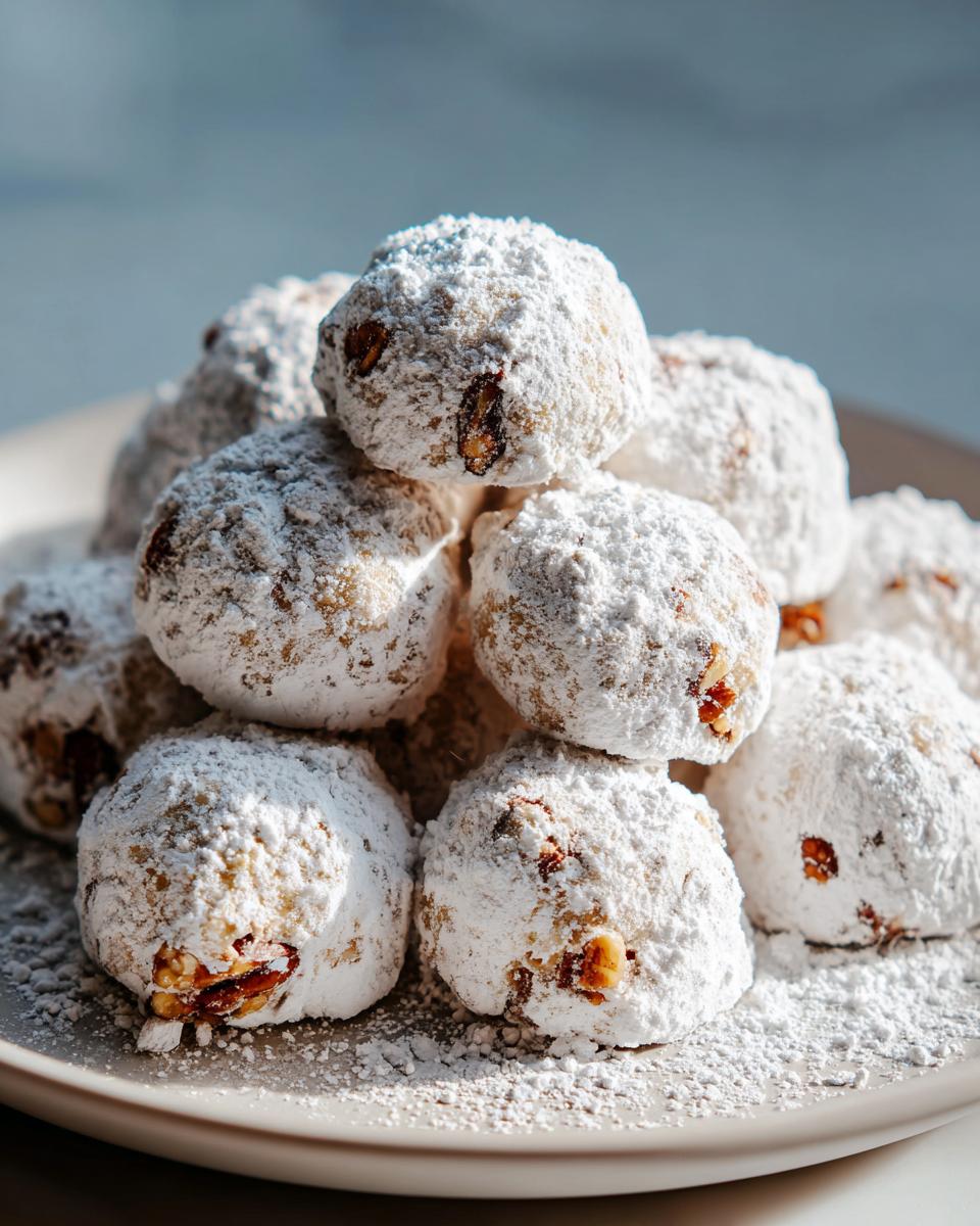 A plate piled high with delicious Pecan Snowball Meltaway Cookies, dusted with powdered sugar.