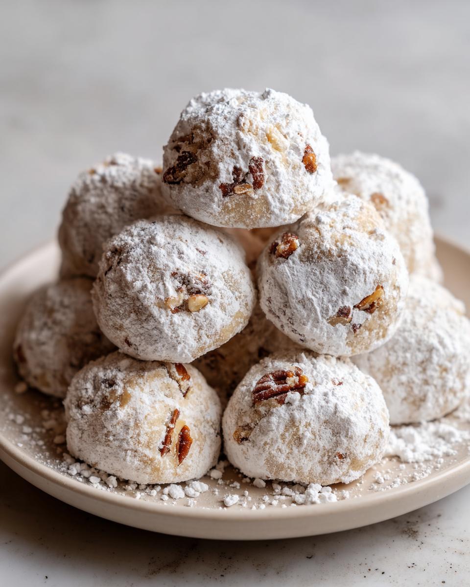 Close-up of a plate piled high with Pecan Snowball Meltaway Cookies, dusted with powdered sugar.
