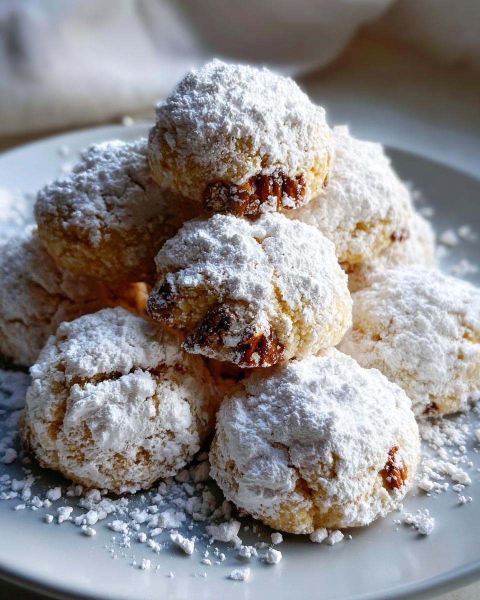 Pile of delicious Pecan Snowball Meltaway Cookies on a plate, dusted with powdered sugar.