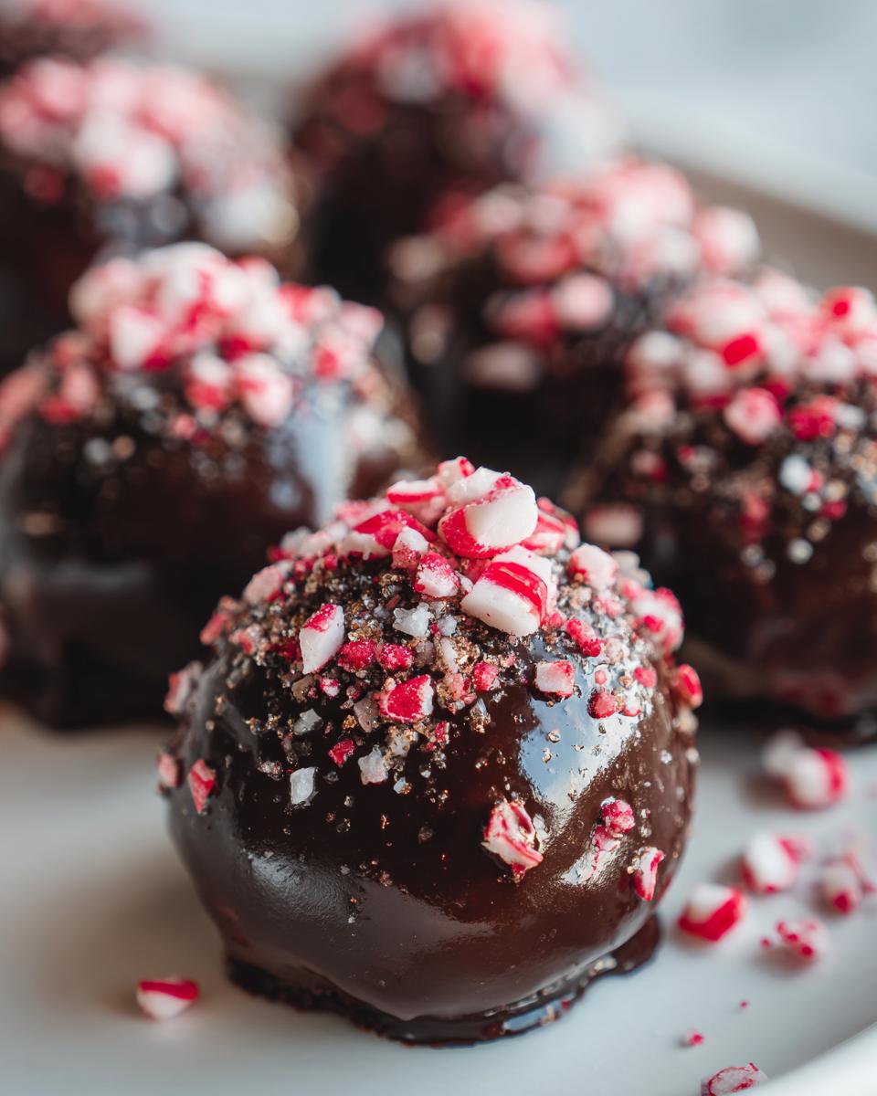 Close-up of Peppermint Bark Stuffed Oreo Balls, chocolate-covered with crushed peppermint.