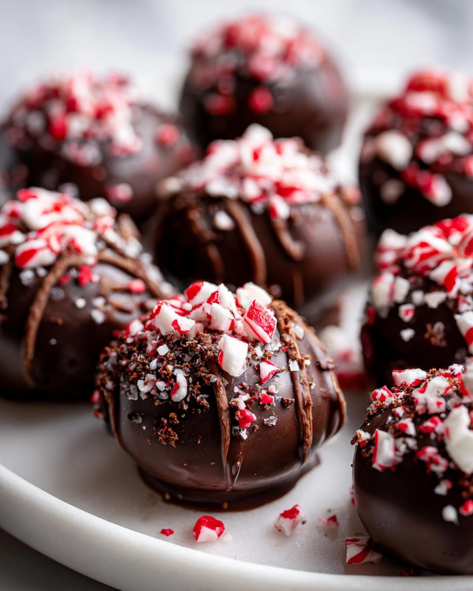 Close-up of Peppermint Bark Stuffed Oreo Balls, chocolate-covered with crushed peppermint.