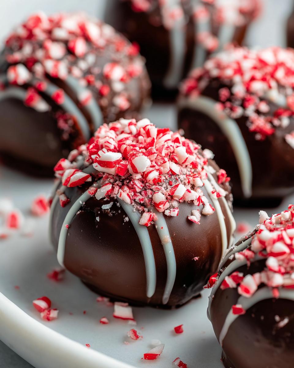 Close-up of Peppermint Bark Stuffed Oreo Balls, chocolate-covered with peppermint pieces.
