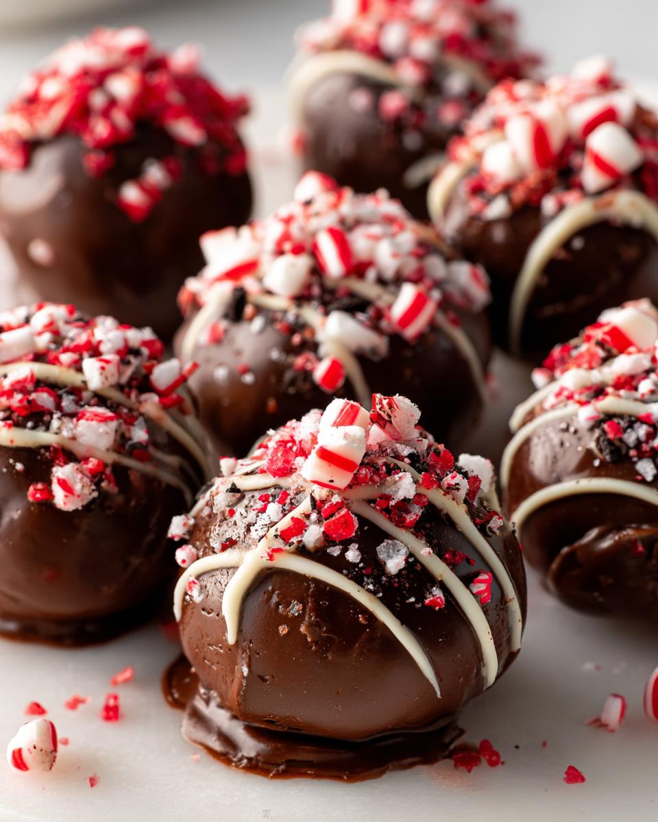 Close-up of delicious Peppermint Bark Stuffed Oreo Balls, coated in chocolate and crushed peppermint.