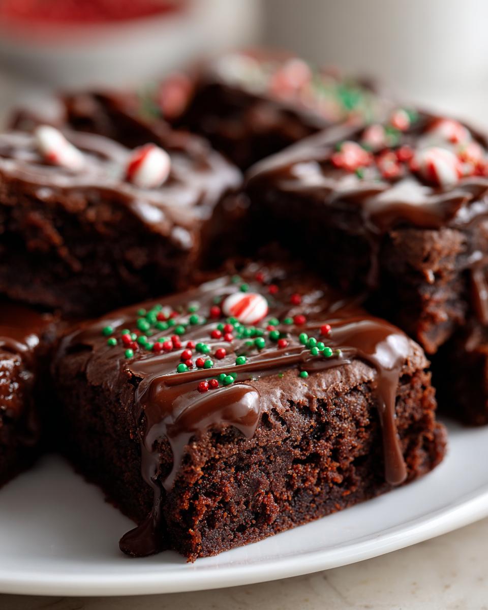 Close-up of Peppermint Hot Cocoa Brownies with chocolate frosting and sprinkles.