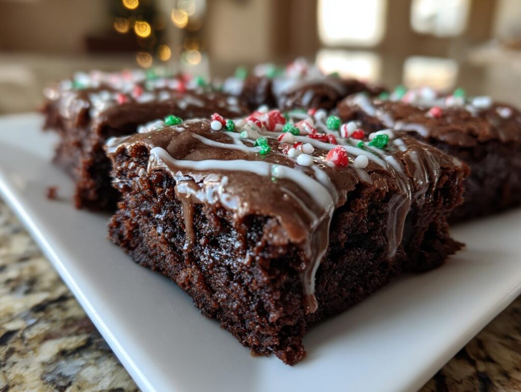 Close-up of Peppermint Hot Cocoa Brownies topped with glaze and sprinkles on a white plate.