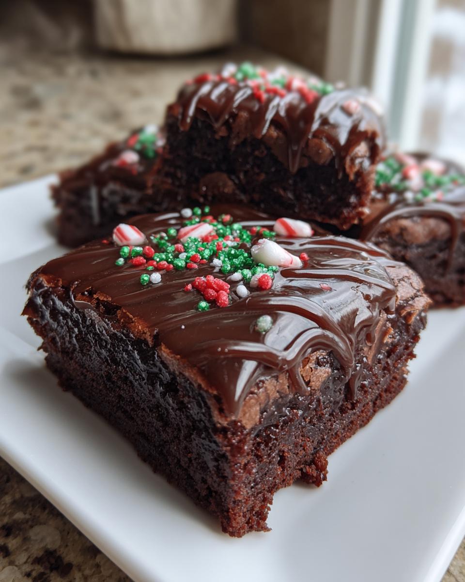 Close-up of Peppermint Hot Cocoa Brownies topped with chocolate ganache and sprinkles on a white plate.