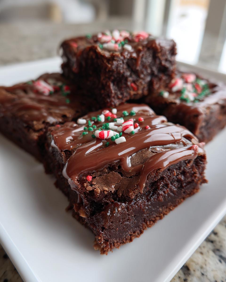 Close-up of Peppermint Hot Cocoa Brownies with chocolate frosting and sprinkles.