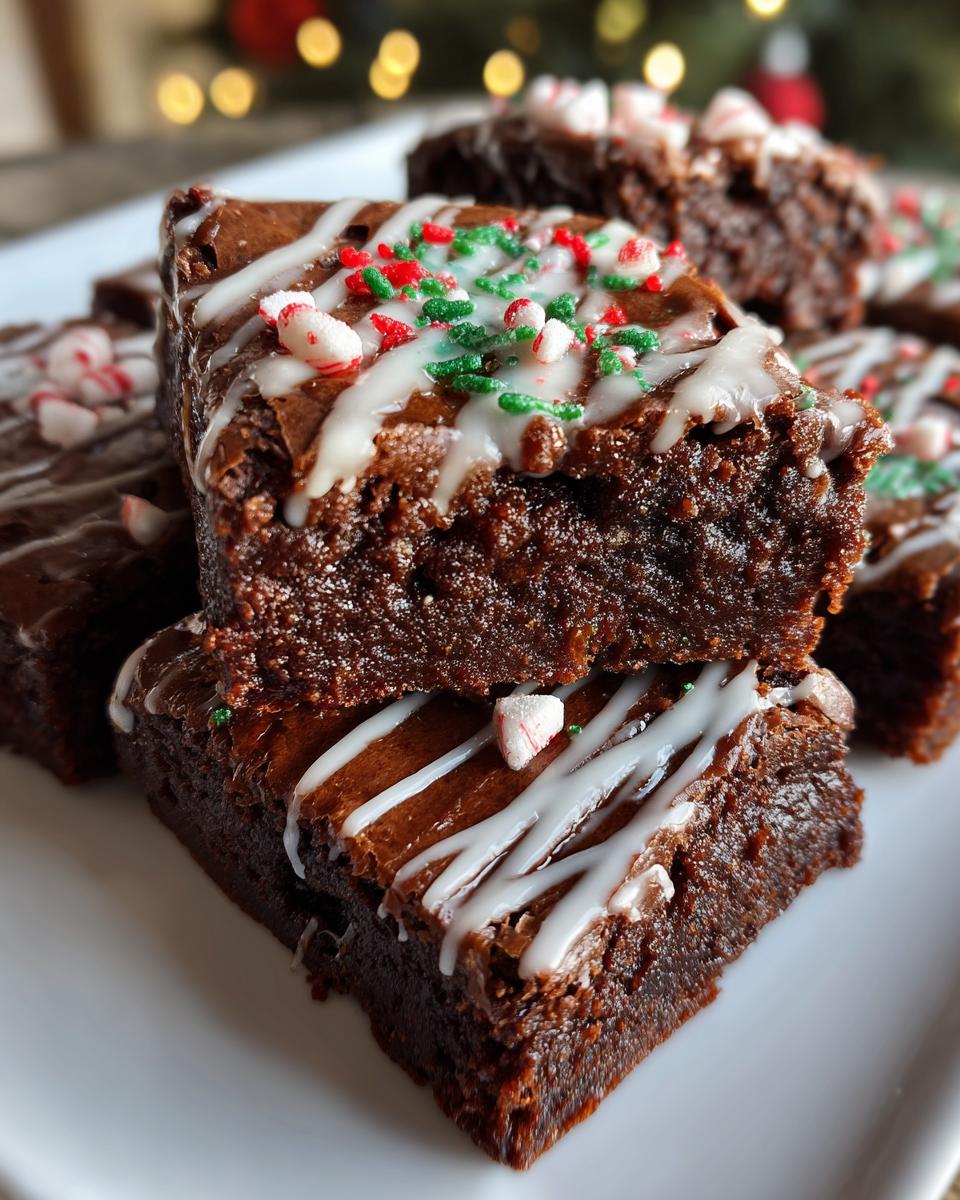 Close-up of frosted Peppermint Hot Cocoa Brownies topped with crushed peppermint candies.