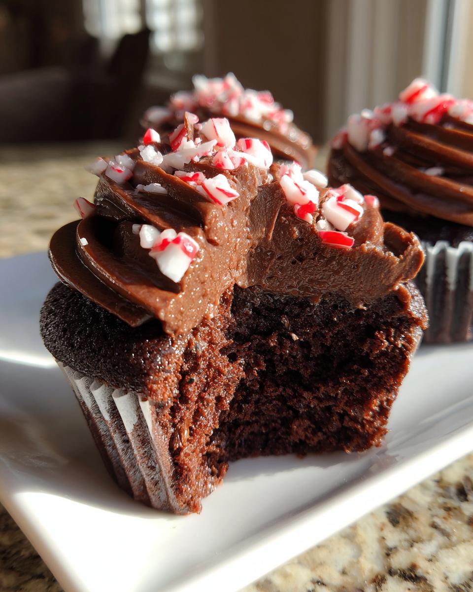 A close-up of a decadent Peppermint Mocha Cupcake with rich chocolate frosting and crushed candy canes.