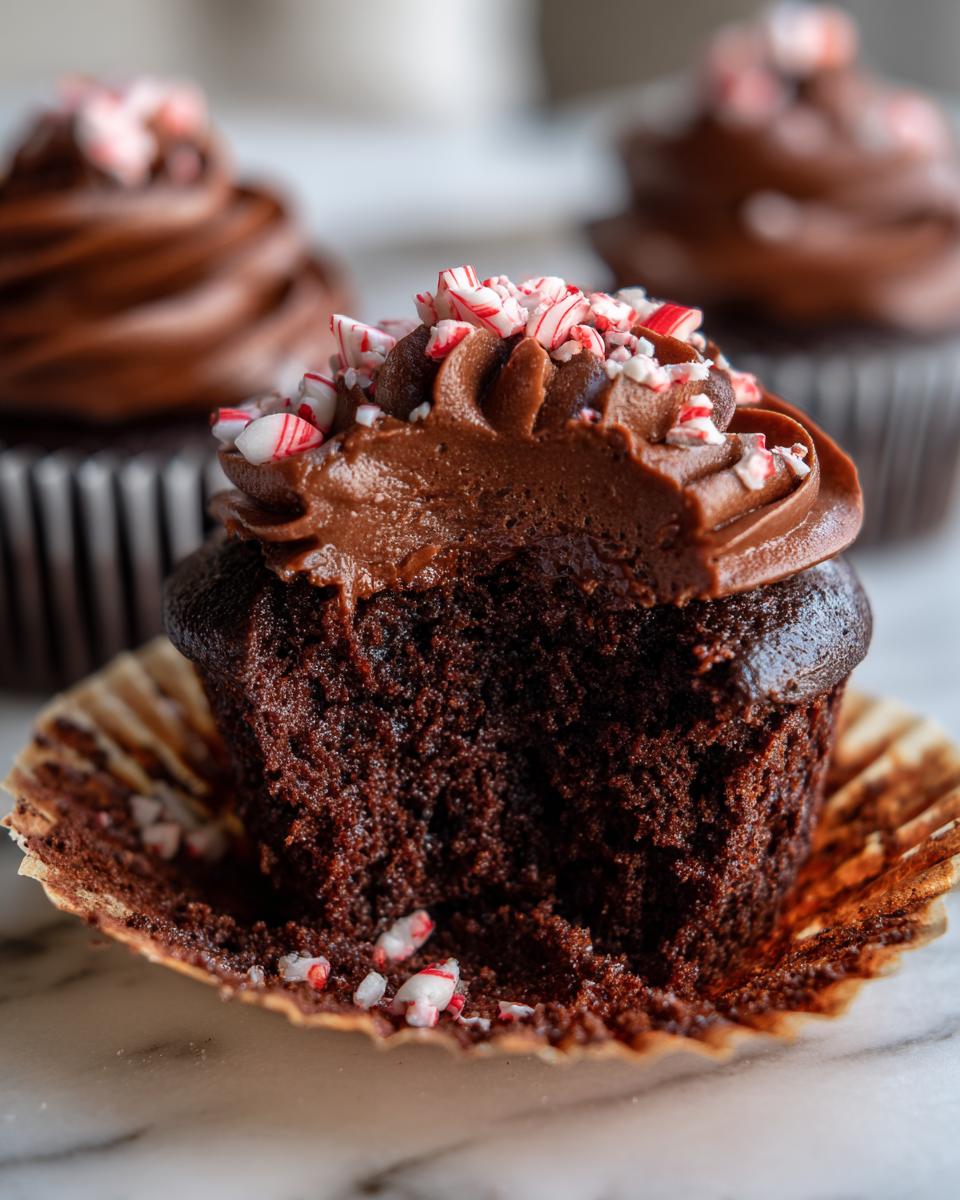 A close-up of a decadent peppermint mocha cupcake with rich chocolate frosting and crushed candy canes.