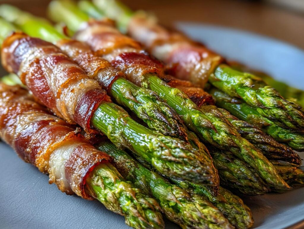 Close-up of delicious Prosciutto-Wrapped Asparagus Spears, cooked to perfection on a gray plate.