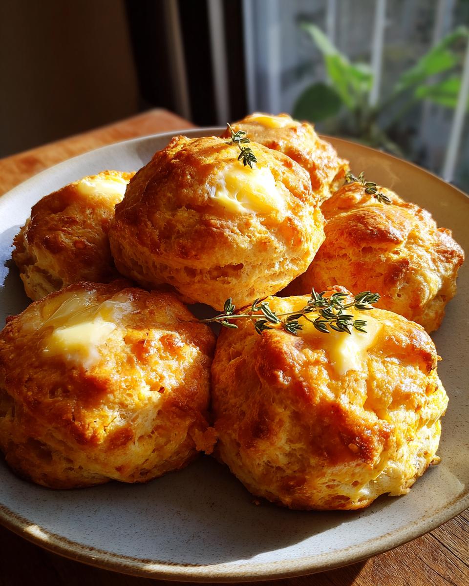 Close-up of golden-brown pumpkin biscuits on a plate, topped with butter and herbs.