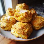 Stack of golden Pumpkin Biscuits on a plate, topped with melted butter.