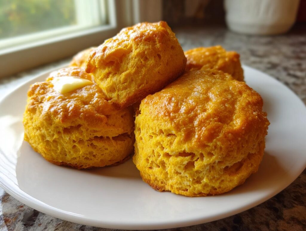 Close-up of golden-brown Pumpkin Biscuits on a white plate, with a pat of butter.