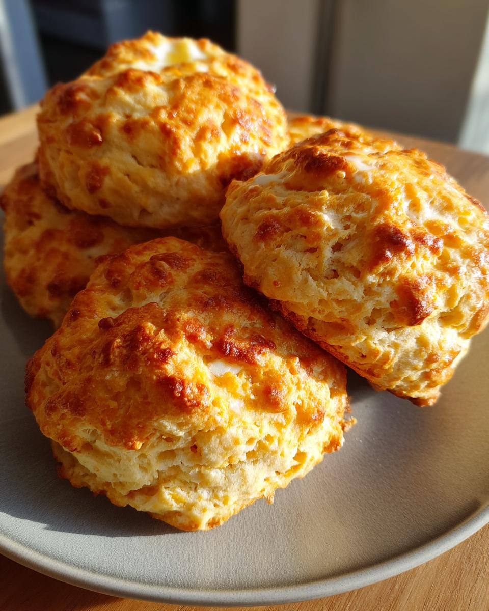 Close-up of golden, fluffy Pumpkin Biscuits piled on a plate, perfect for breakfast or a snack.
