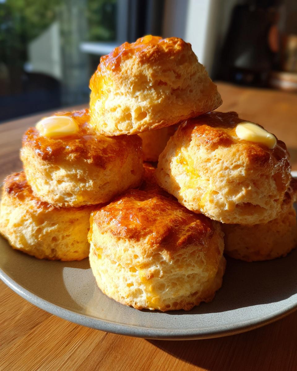 A stack of freshly baked pumpkin biscuits on a plate, golden brown and fluffy.