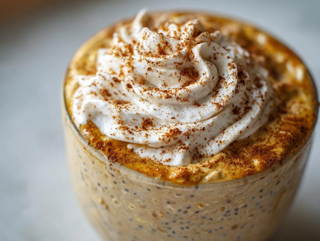 Close-up of Pumpkin Spice Latte Overnight Oats in a glass, topped with whipped cream and cinnamon.