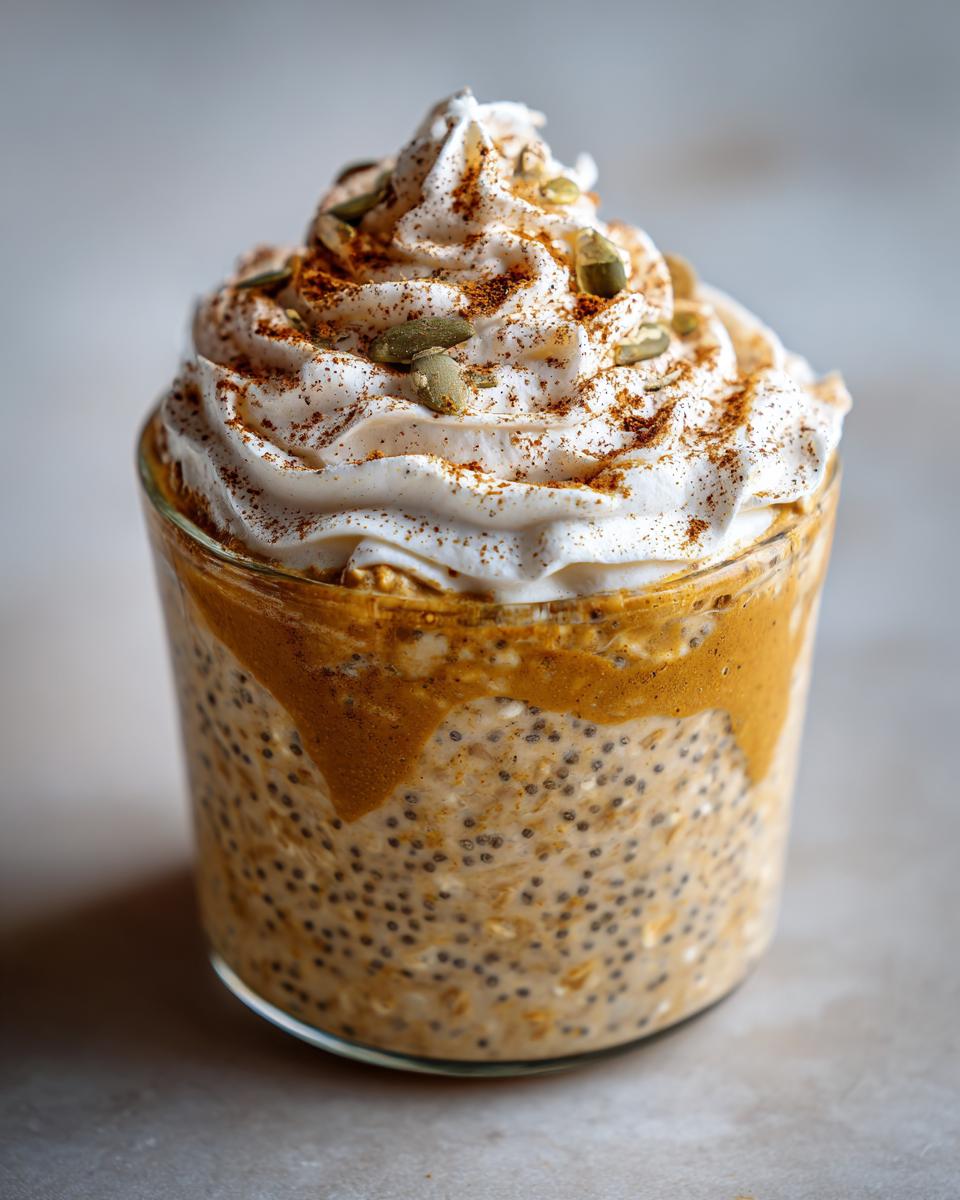 Close-up of Pumpkin Spice Latte Overnight Oats in a glass, topped with whipped cream and pumpkin seeds.