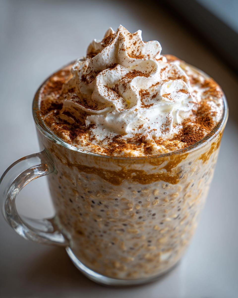 Close-up of Pumpkin Spice Latte Overnight Oats topped with whipped cream and cinnamon.