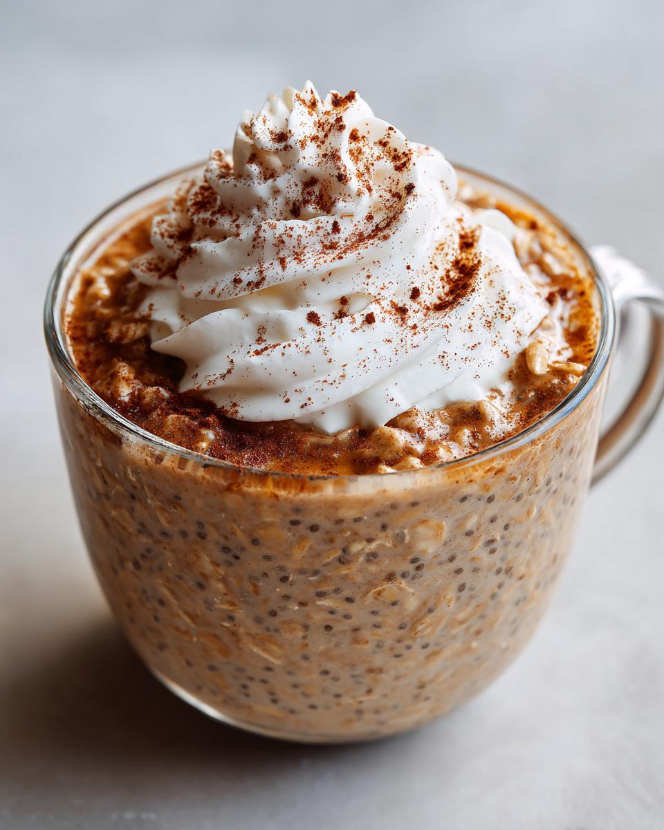 Close-up of Pumpkin Spice Latte Overnight Oats in a glass, topped with whipped cream and cinnamon.