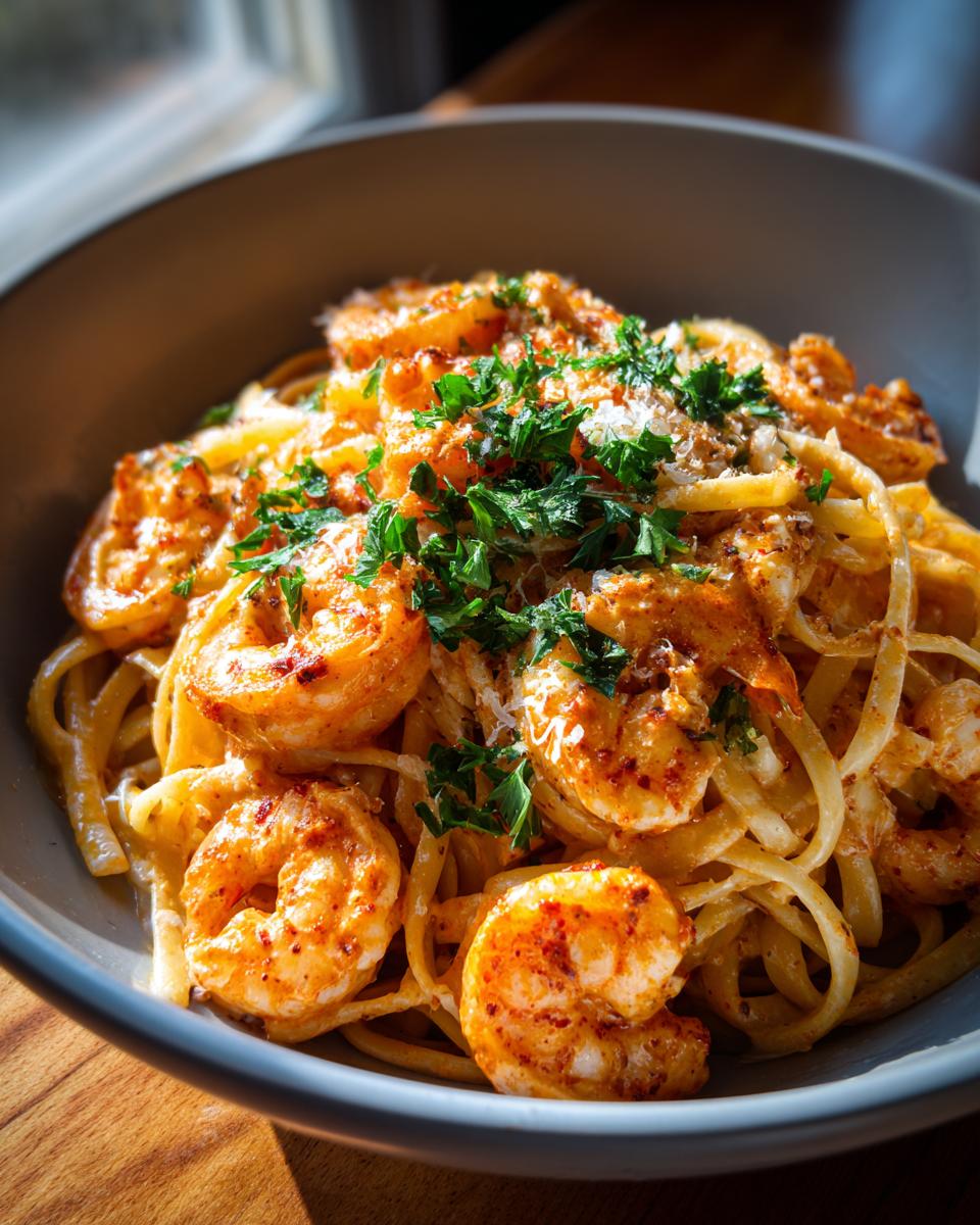 Close-up of Quick Cajun Shrimp Pasta in a bowl, with shrimp, pasta, and herbs.