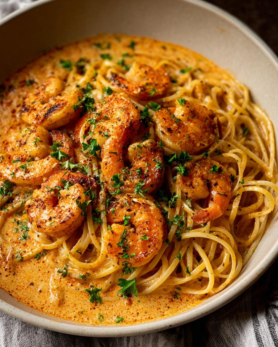 Close-up of Quick Cajun Shrimp Pasta with shrimp, pasta, and creamy sauce.