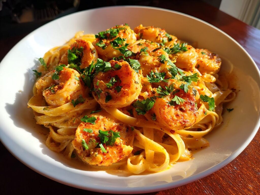 Delicious Quick Cajun Shrimp Pasta in a white bowl, garnished with fresh parsley.