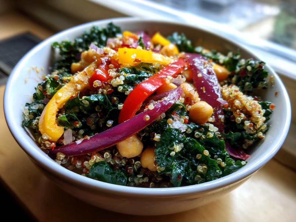 Close-up of a colorful Quinoa Kale Power Bowl with bell peppers, red onion, and chickpeas.